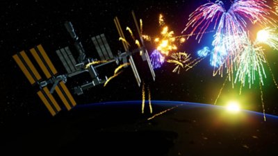 Fantavision 202X – posnetek zaslona kaže spektakularen ognjemet v vesolju v bližini satelita med kroženjem