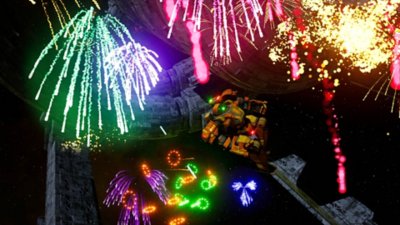 Fantavision 202X – posnetek zaslona kaže spektakularen ognjemet, ki prikazuje spektakularen ognjemet v vesolju ob ozadju vesoljskih ladij in letečih robotov