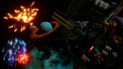 Snímek obrazovky ze hry Fantavision 202X zobrazující velkolepý ohňostroj ve vesmíru s planetami Saturn a Jupiter na pozadí.