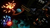 Captura de pantalla de Fantavision 202X que muestra un gran espectáculo de fuegos artificiales en el espacio, con Saturno y Júpiter visibles en la distancia
