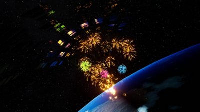 Captura de pantalla de Fantavision 202X que muestra un gran espectáculo de fuegos artificiales en el espacio, con la Tierra visible debajo