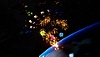 Snímek obrazovky ze hry Fantavision 202X zobrazující velkolepý ohňostroj ve vesmíru s planetou Země na pozadí.