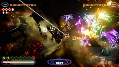 Snímek obrazovky ze hry Fantavision 202X zobrazující velkolepý ohňostroj na pozadí vesmírné lodi a létajících strojů.