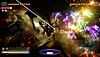 Fantavision 202X – zrzut ekranu przedstawiający spektakularny pokaz fajerwerków na tle statku kosmicznego i latających mechów