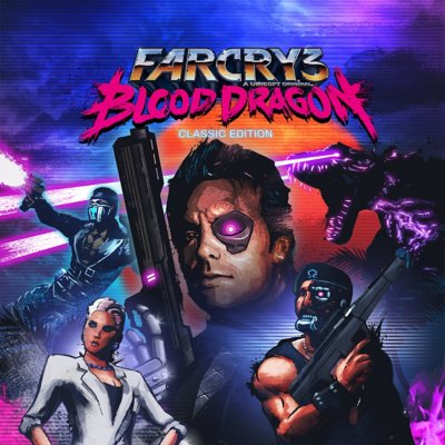 Far Cry 3 Blood Dragon borítógrafika – fegyverekkel pózoló karakterek.