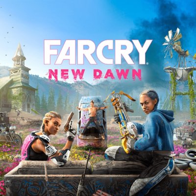 Far Cry New Dawn borítógrafika – két kanapén ülő karakter a szabadban.