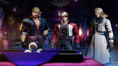Fatal Fury: City of Wolves screenshot showing Billy Kane, Rock Howard and Kain together in a cutscene.