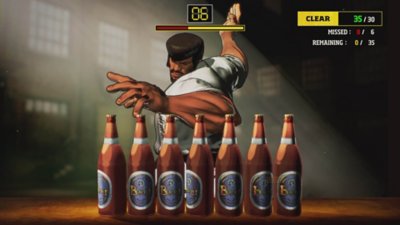 Fatal Fury: City of Wolves screenshot showing Marco Rodrigues about to chop a row of beer bottles in a minigame.