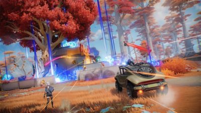 Fate Trigger 스크린샷, 높은 나무들로 둘러싸인 건물을 공격하는 캐릭터들