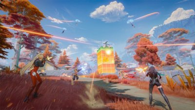 Fate Trigger 스크린샷, 빛나는 큐브 구조물을 향해 총을 쏘는 캐릭터