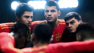 EA Sports FC UEFA EURO 2024 screenshot showing the Spanish team in a huddle