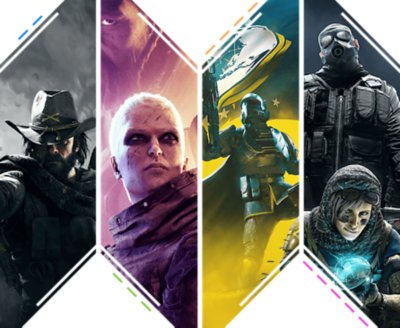 Originelle Artwork-Komposition für eine Team-Shooter-Sammlung von PlayStation inklusive Key-Art von Rainbow Six: Siege, Helldivers II, Outriders und Hunt: Showdown.