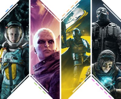 อาร์ตเวิร์กประกอบสำหรับคอลเลกชัน PlayStation Team Shooters ประกอบด้วยคีย์อาร์ตจาก Rainbow Six: Siege, Deep Rock Galactic, Outriders และ