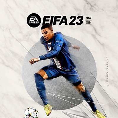 EA Sports FIFA 23 key art featuring footballer Kylian Mbappe dribbling a ball.