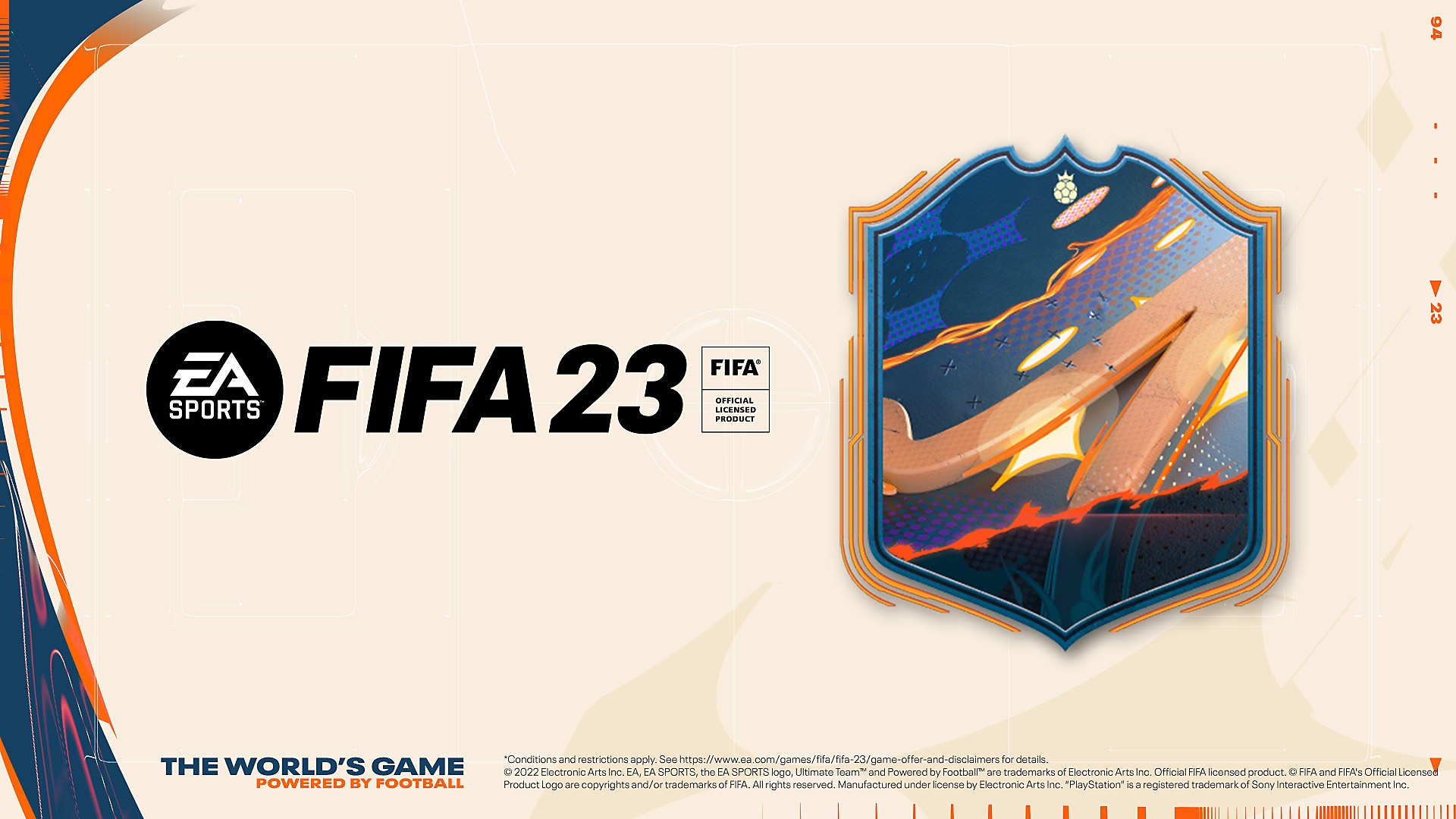 《EA Sports FIFA 23》预订宣传海报，显示的是彩色队徽和《FIFA 23》徽标