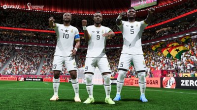 Captura de pantalla de EA Sports FIFA 23 que muestra un equipo de la copa mundial celebrando