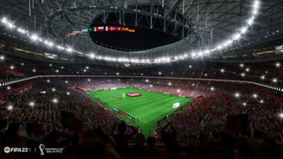 EA Sports FIFA 23 -kuvakaappaus, jossa näkyy world cup -stadion eri kuvakulmasta