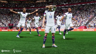 EA Sports FIFA 23 screenshot showing world cup team celebrating
