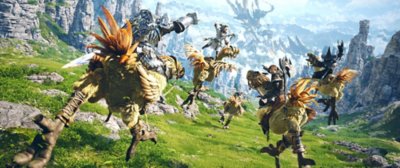 Final Fantasy XIV Online, slika besplatne probne verzije koja prikazuje nekoliko likova koji jašu chocoboe