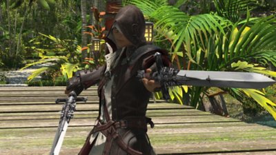 Final Fantasy XIV Online Dawntrail screenshot showing a character with two swords