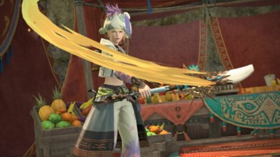 Final Fantasy XIV Online Dawntrail screenshot showing a character wielding a magical paintbrush