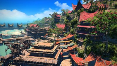 Final Fantasy XIV Online Dawntrail screenshot showing the red rooftops of a coastal city