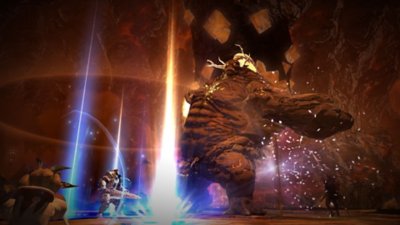 Final Fantasy XIV Online screenshot showing characters in combat with a large troll-like creature