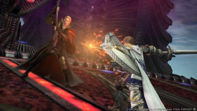 Final Fantasy XIV Online Endwalker screenshot showing two characters in combat