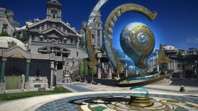 Captura de pantalla de Final Fantasy XIV Online Endwalker de la plaza de un pueblo