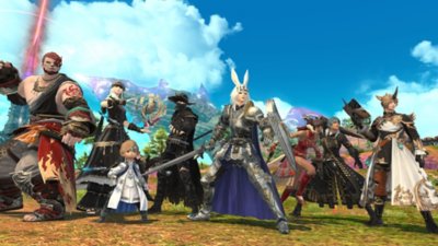 Final Fantasy XIV Online screenshot showing an array of player characters