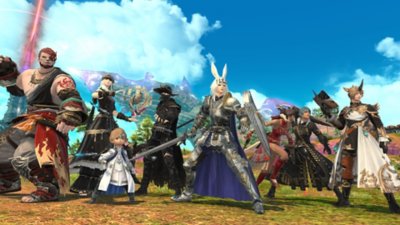 لقطة شاشة من لعبة Final Fantasy XIV Online تعرض مجموعة من شخصيات اللاعب