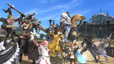 Final Fantasy XIV Online, snimka zaslona koja prikazuje različite likove koji se mogu igrati