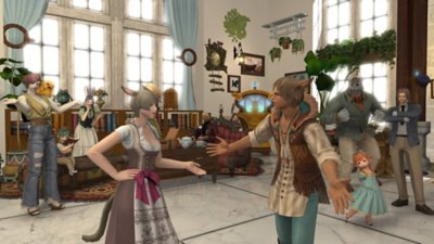 Final Fantasy XIV Online screenshot showing a range of player characters interacting inside an indoor environment