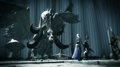 Final Fantasy XIV Online screenshot showing characters facing up to a large dragon