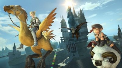 Final Fantasy XIV Online, snimka zaslona koja prikazuje jedan lik kako jaše chocoboa, a drugi ovcu