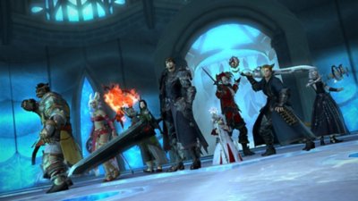 Final Fantasy XIV screenshot showing a variety of character types and classes