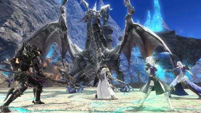 Final Fantasy XIV screenshot showing players in combat against a dragon-like creature