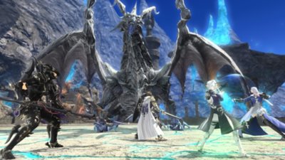 لقطة شاشة من لعبة Final Fantasy XIV تعرض اللاعبين في خضم قتال مخلوق يشبه التنين