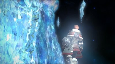 Final Fantasy XIV Online screenshot showing a character standing before an icy barrier