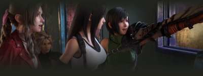 Final Fantasy VII Rebirth screenshot showing Aerith, Cloud, Tifa and Yuffie