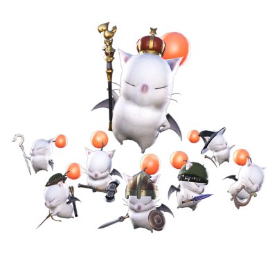 《Final Fantasy》圖像顯示多種莫古利 - 手持劍、盾牌和法杖的貓型生物