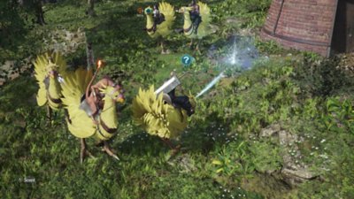 Final Fantasy VII Rebirth screenshot showing Cloud, Tifa, Barret, Aerith and Red XIII riding yellow Chocobos