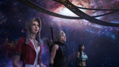 Final Fantasy VII Rebirth screenshot showing Cloud, Tifa, Barret, Aerith and Red XIII looking across a beautiful vista