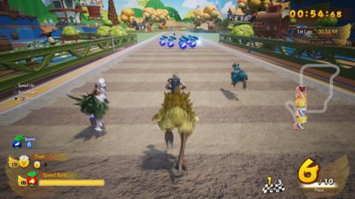 Captura de tela de Final Fantasy VII Rebirth mostrando o minijogo de corrida de Chocobos
