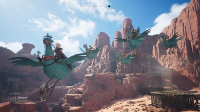 Screenshot von Final Fantasy VII Rebirth, der Cloud und seine Gruppe beim Fliegen auf türkisen Chocobos zeigt.