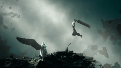 Final Fantasy VII Rebirth screenshot showing Cloud performing a leaping attack against Sephiroth