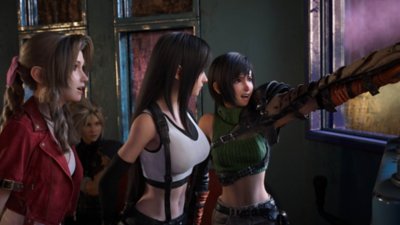 Final Fantasy VII Rebirth screenshot showing Yuffie pointing something out to Aerith, Cloud and Tifa