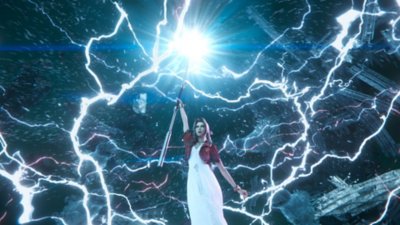 Final Fantasy VII Rebirth screenshot showing Aerith casting a powerful, lightning-based attack