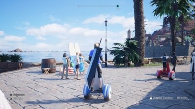 リゾート地の町で乗り物に乗るクラウドを写した『ファイナルファンタジーVII リバース』のスクリーンショット