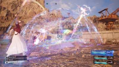 Снимок экрана из Final Fantasy VII Rebirth, демонстрирующий совместную атаку Аэрис и Тифы
